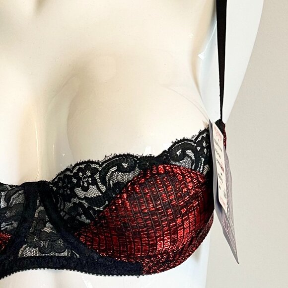 NWT Lily of France Vintage Demi Lace Bra in Hot Red Metallic & Black Lace 36C - Picture 8 of 14